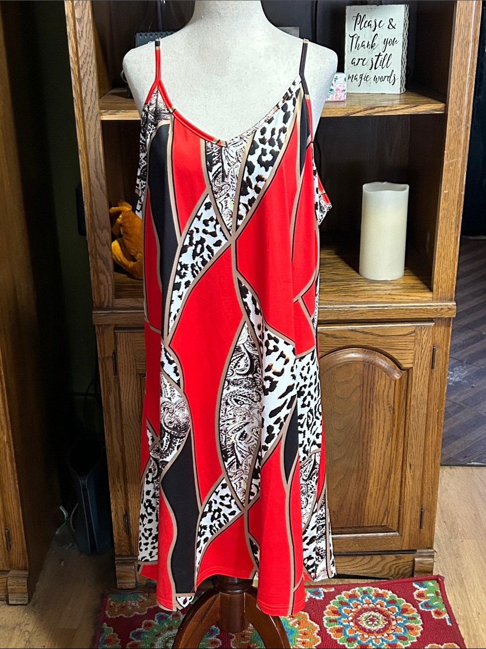 Red Patterned Slip Dress with Animal & Paisley Panels Size  XXL NWOT